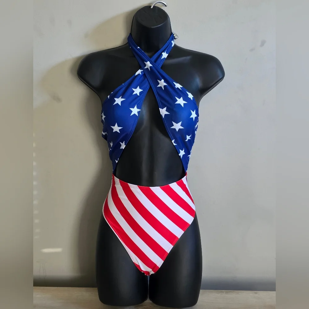 Star-Spangled Halter Monokini Bikini - Blue, Red & White